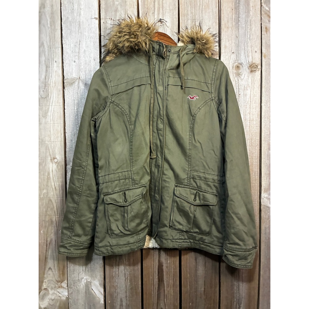 Hollister Womens Olive Green Sherpa Lined Faux Fur Trim Hooded Utility Jacket L